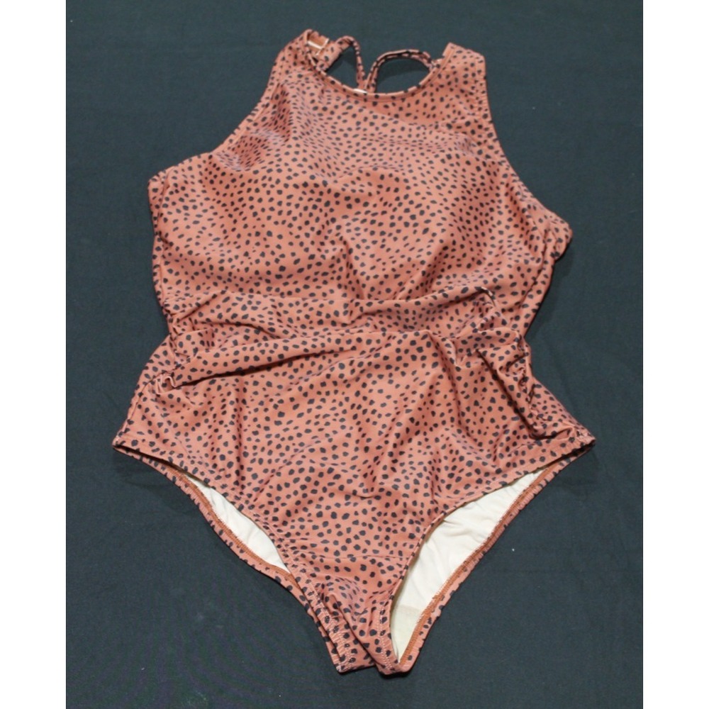 Kona Sol Womens High Neck High Coverage One Piece Swimsuit Brown Spotted Size 17